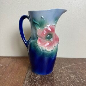 Royal Copley Art Pottery Pitcher Floral Embossed Blue Pink‎ Green Vintage Decor